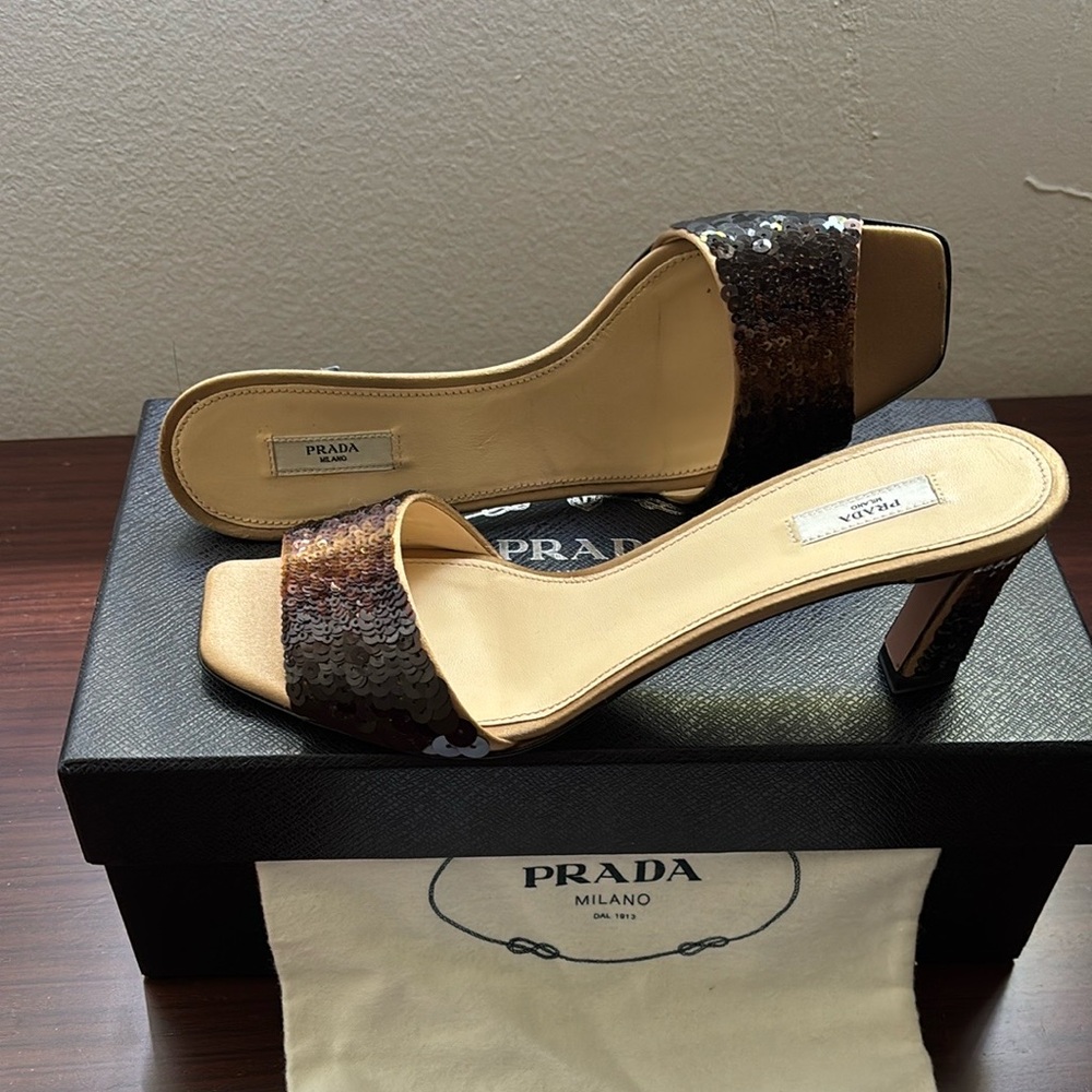 Prada Women's Sequin Slide Sandals - Brown